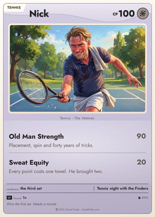 Nick’s card. Crafty. Wins the first set, then needs a towel.