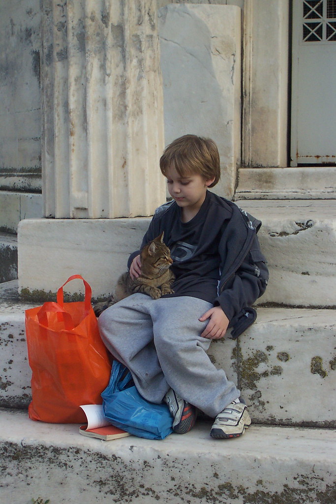 A visitor with a lap cat at the Roman Agora in Athens