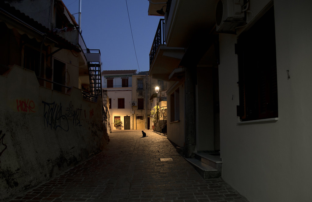 A black cat under a streetlamp in a lane in Chania at dusk