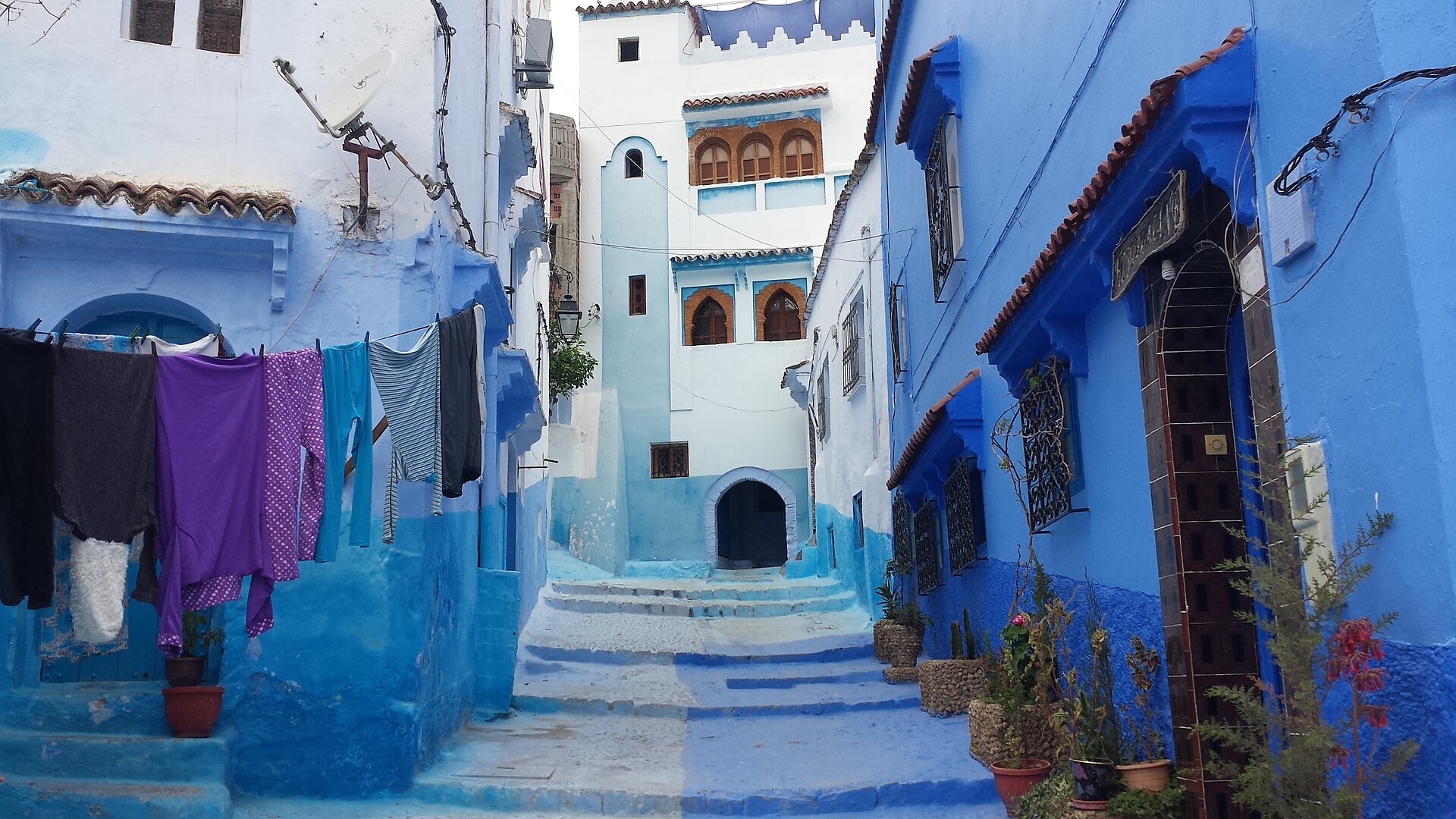 The blue houses of Chefchaouen medina rising up the hillside