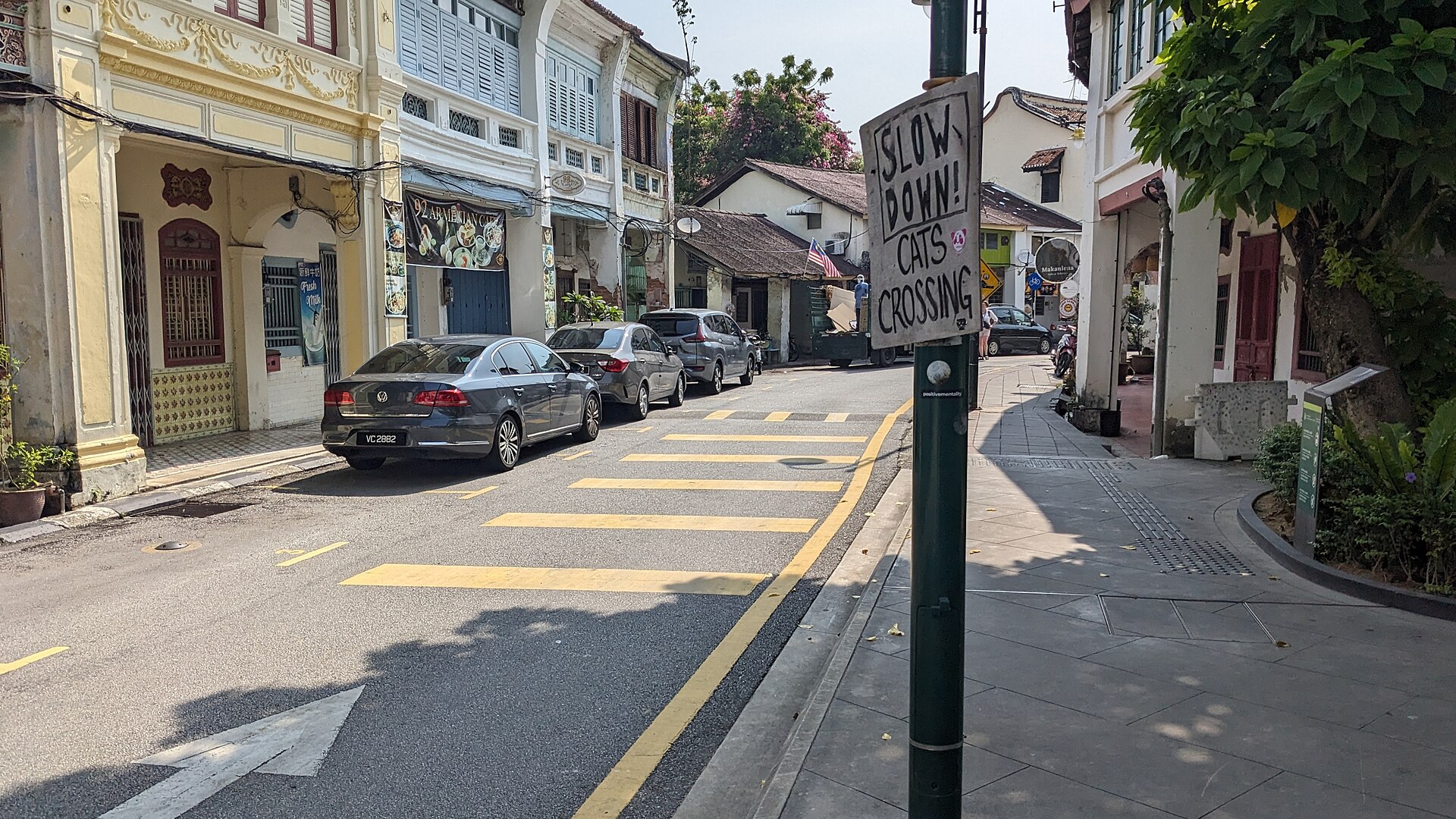 A homemade sign on Lebuh Armenian asking drivers to slow down for crossing cats