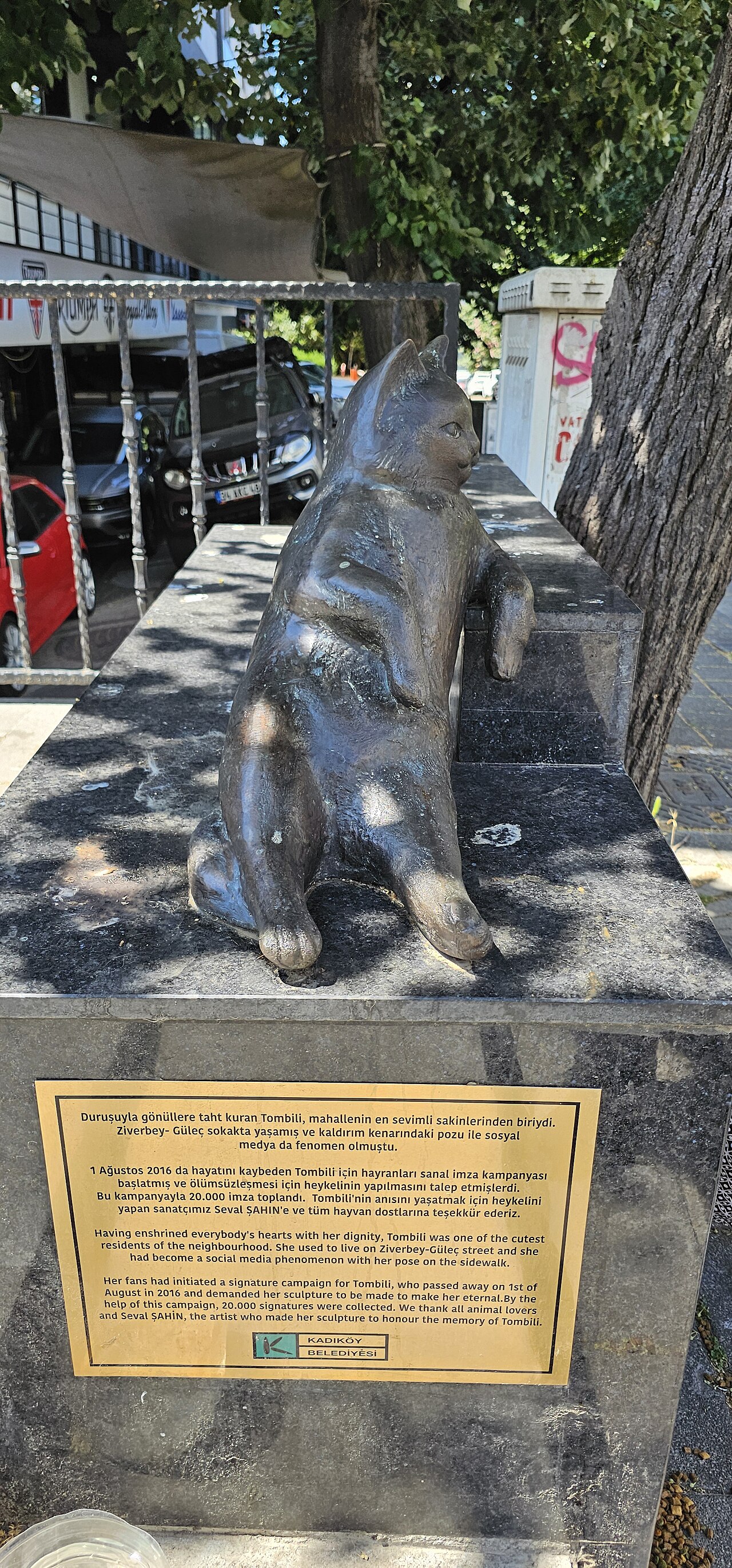 The bronze statue of Tombili the cat reclining against a step in Ziverbey, Kadıköy