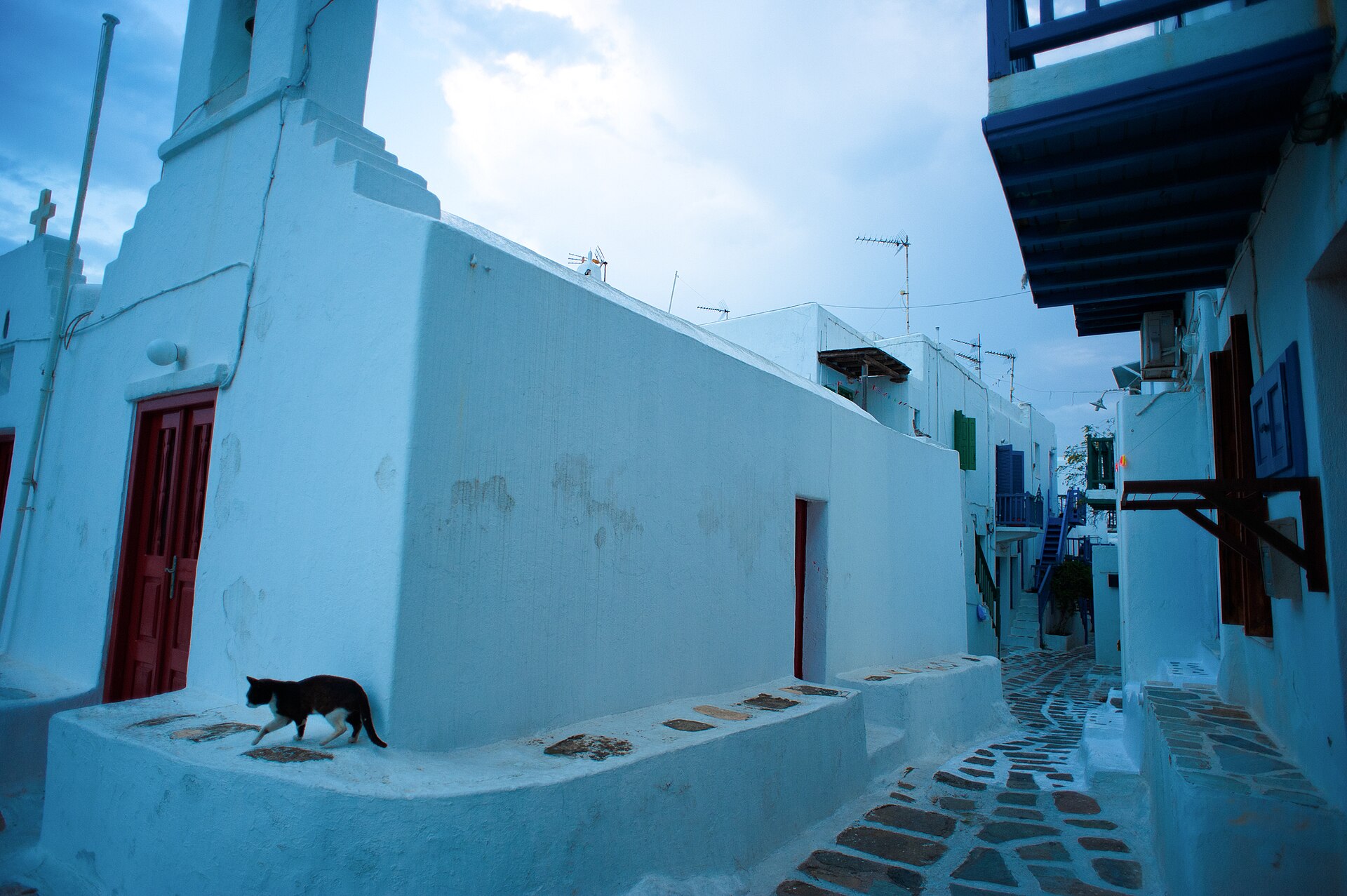 The streets of Chora, Mykonos, at dusk