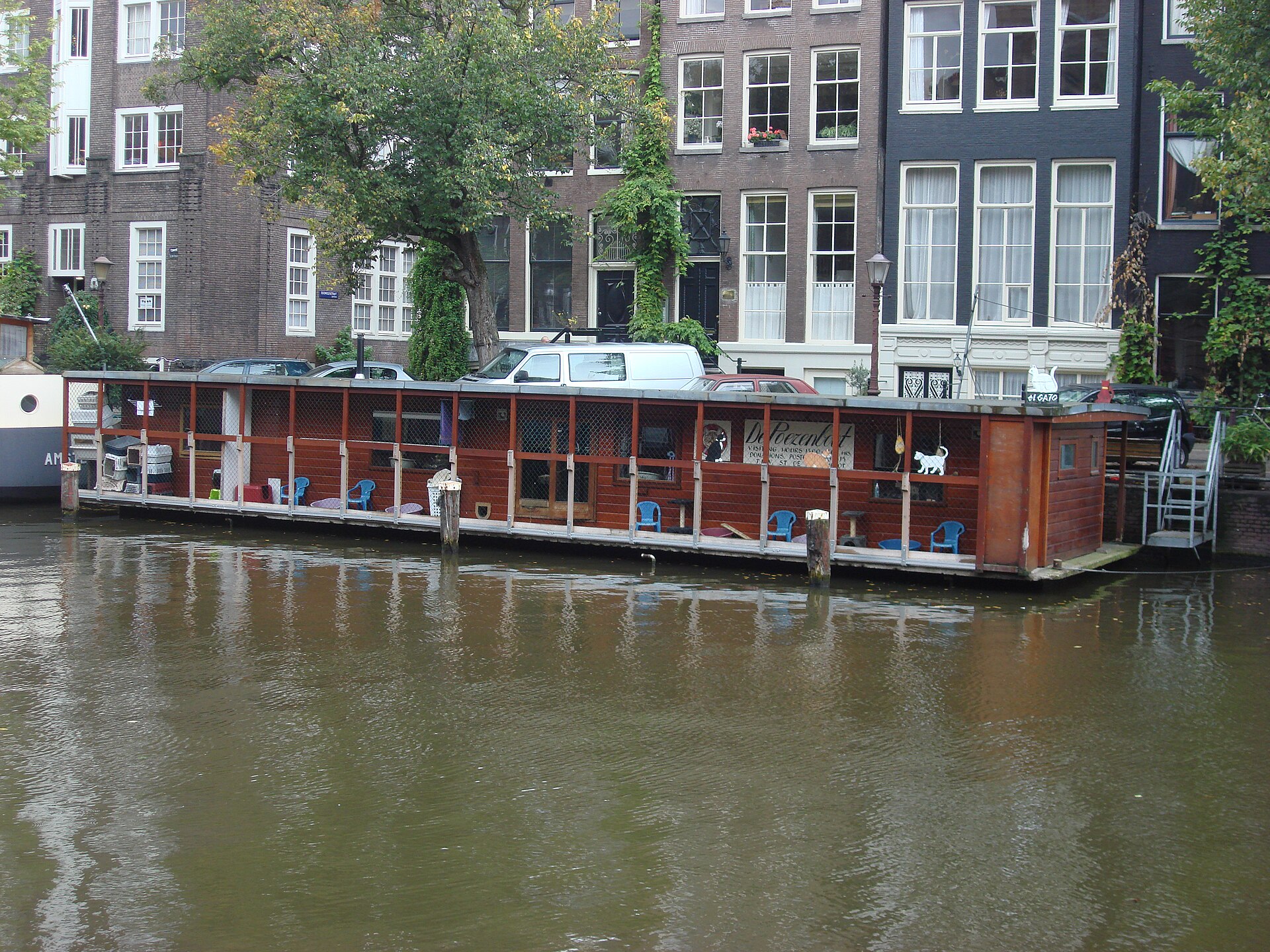 The Poezenboot, Amsterdam’s cat boat, moored on the Singel canal