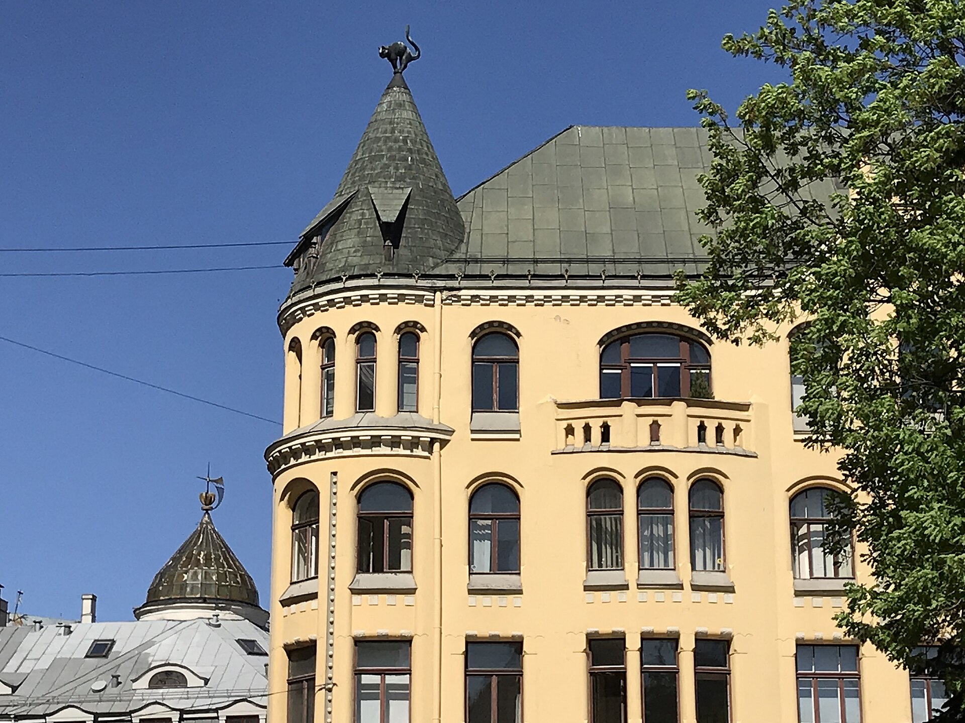 A close-up of the black cat on the roof of the Riga Cat House