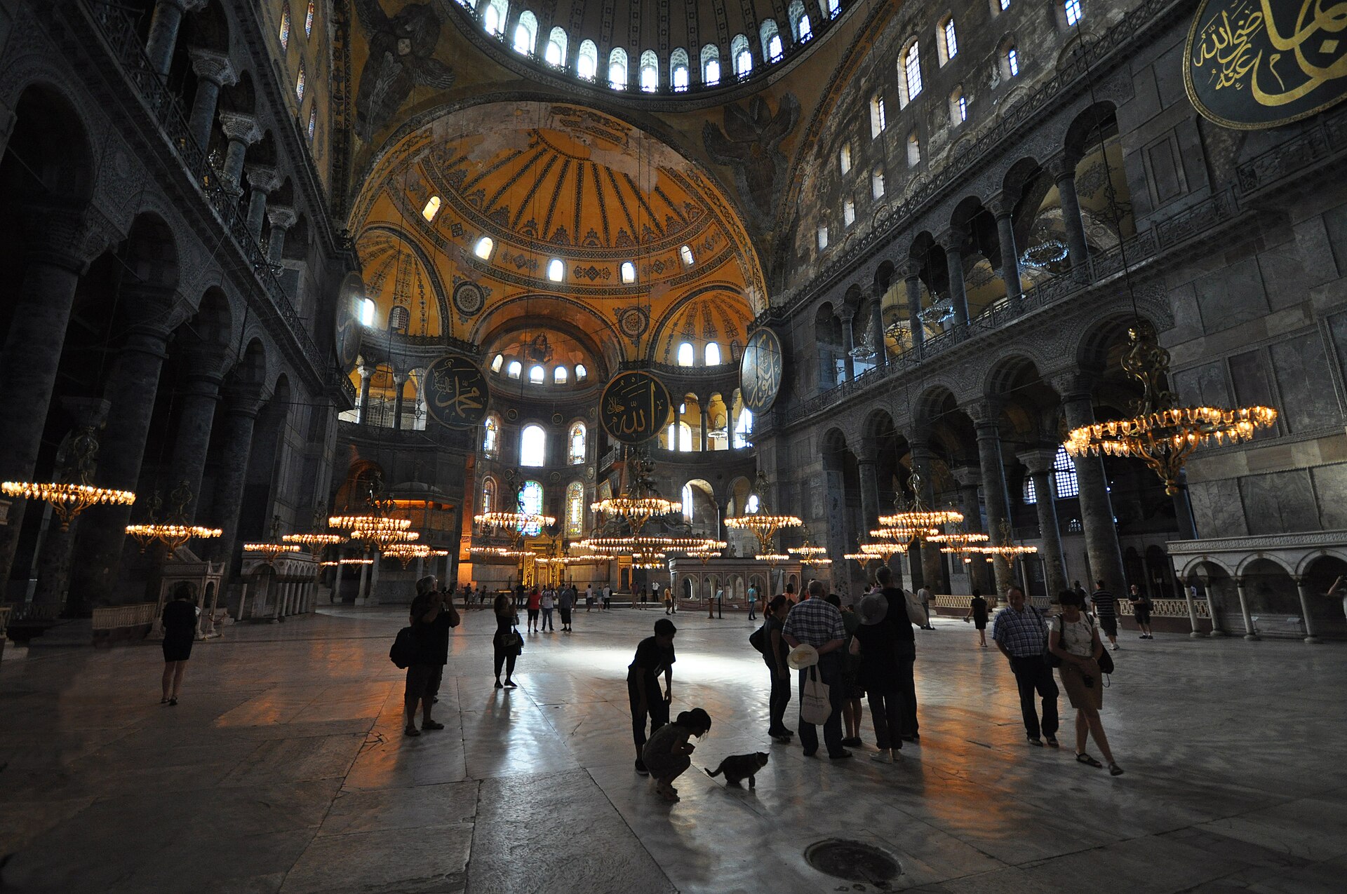 A girl crouching to greet a cat inside Hagia Sophia