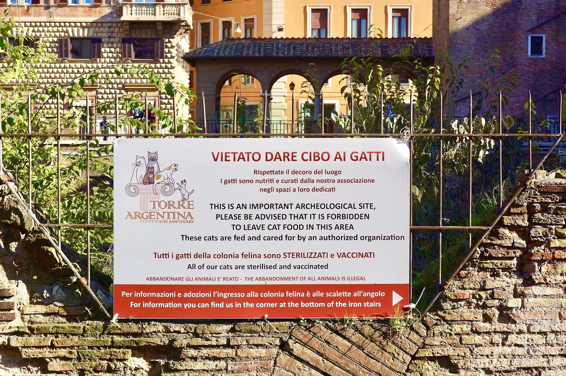 The Torre Argentina Cat Sanctuary sign on the railing: it is forbidden to leave cat food in this area, the cats are fed and cared for by an authorised organisation, all are sterilised and vaccinated