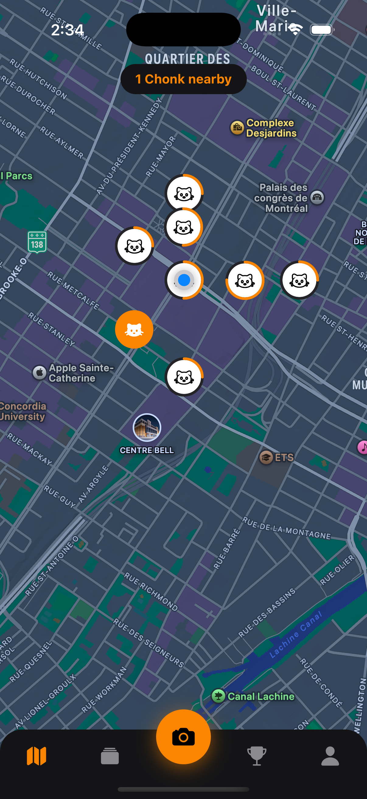 A live map of the cats nearby, with pins that fill as more people find each one